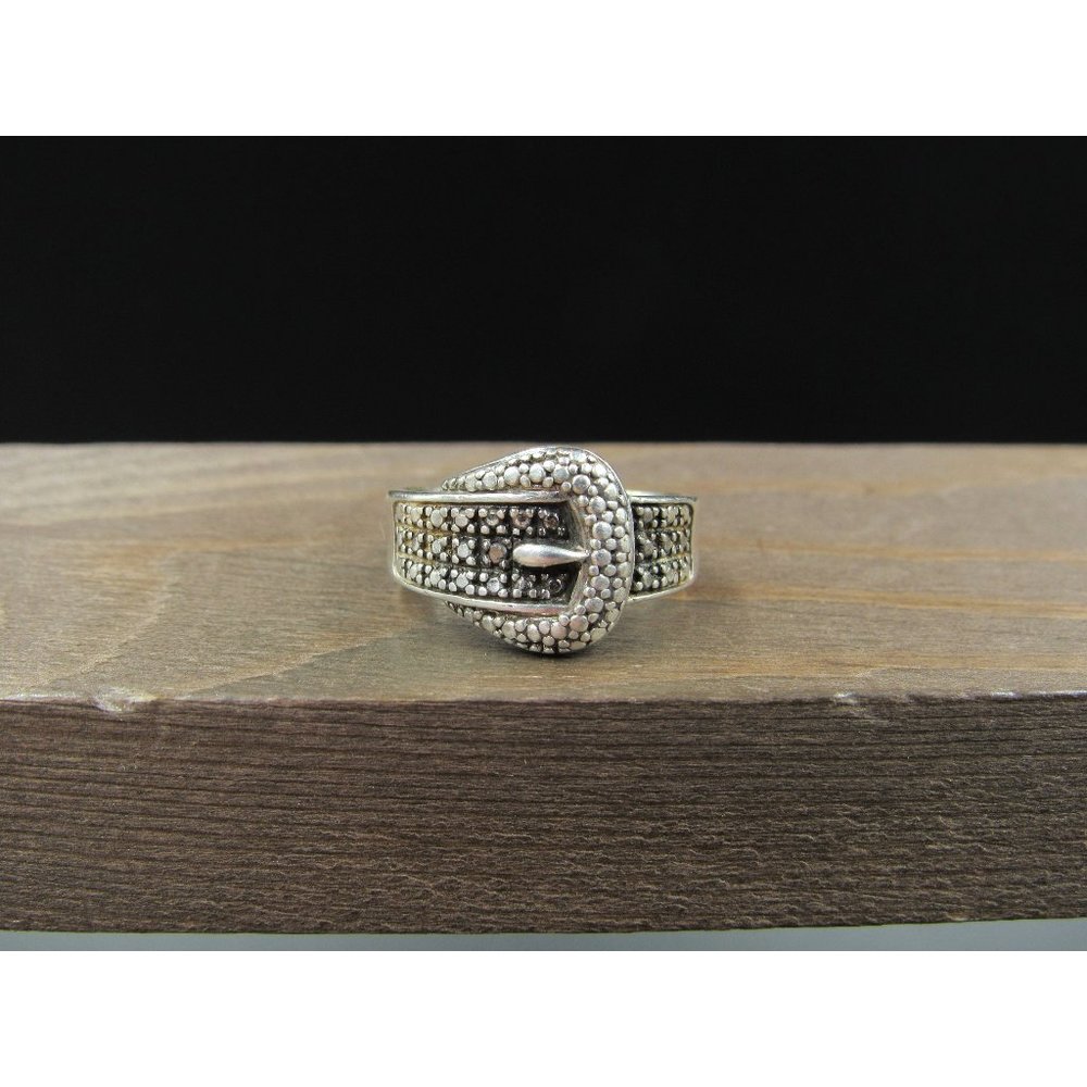 Size 6.75 Sterling Silver Two Tone Diamond Chip Belt Band Ring Vintage Statement
